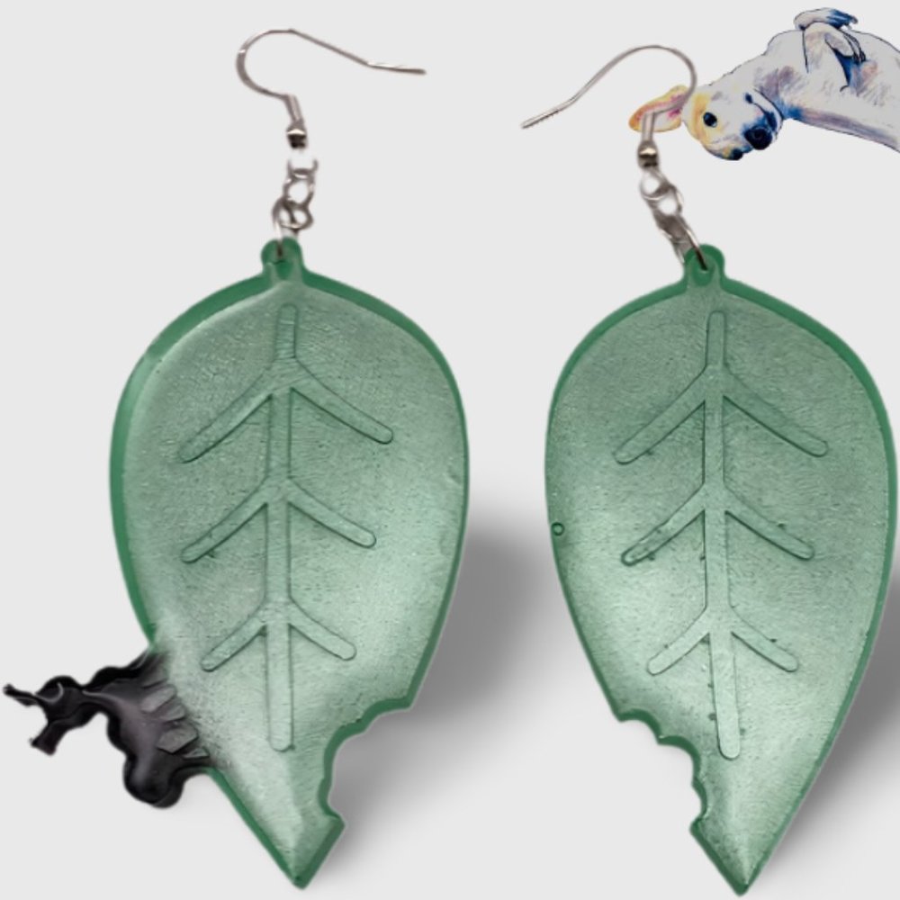 Green Ant and Leaf Hook Earrings